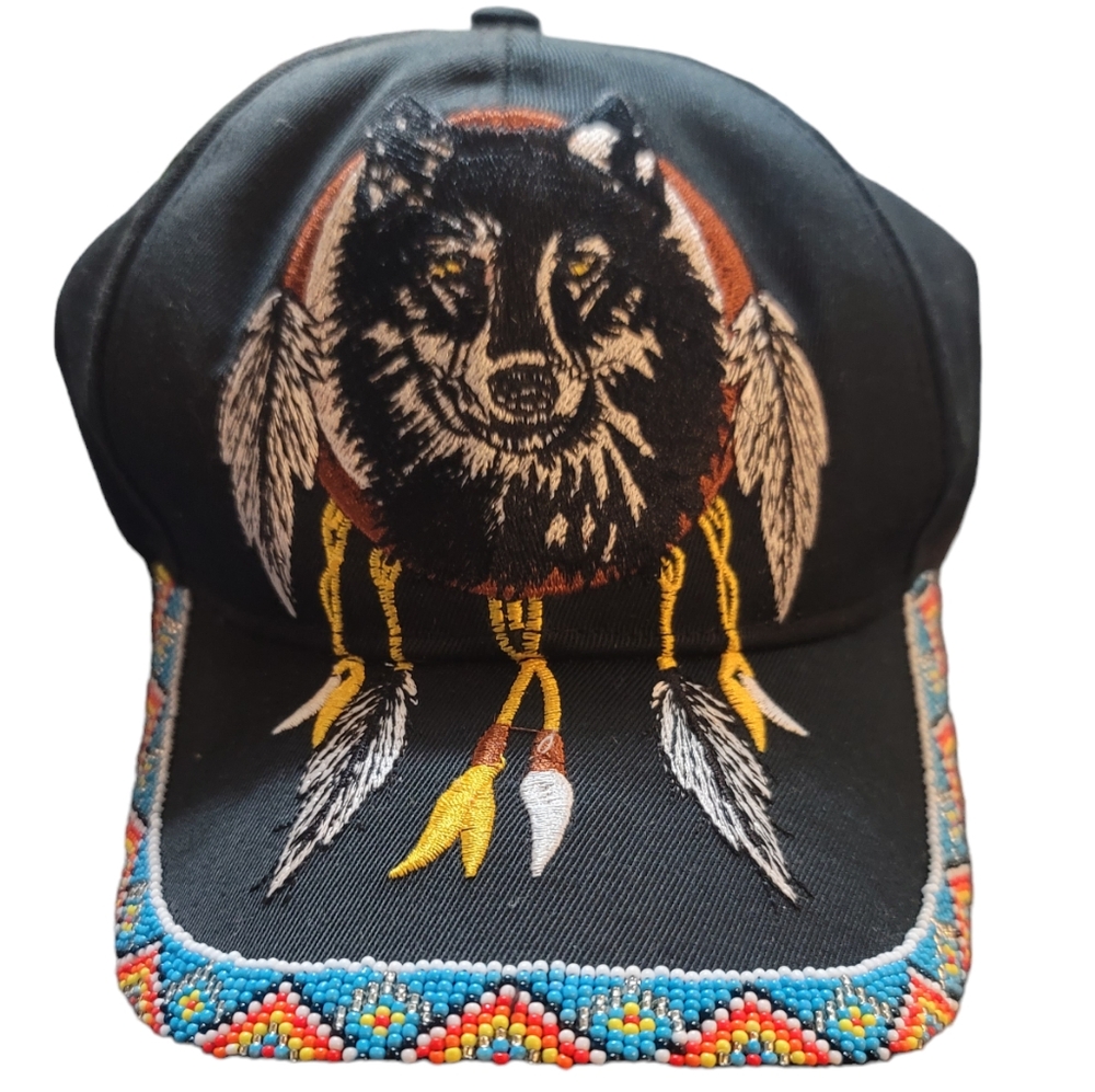NATIVE Embroidered Wolf Dream Catcher Black Hat Unisex